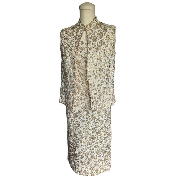 Vintage 50s Gold Silver Jacquard Brocade Wiggle Dress Vest Set Cocktail Pinup